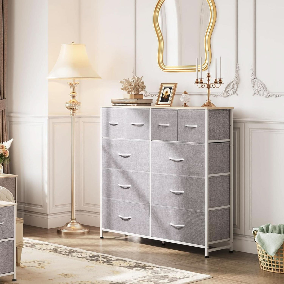 Light Grey Fabric Dresser With 10 Drawers For Bedroom