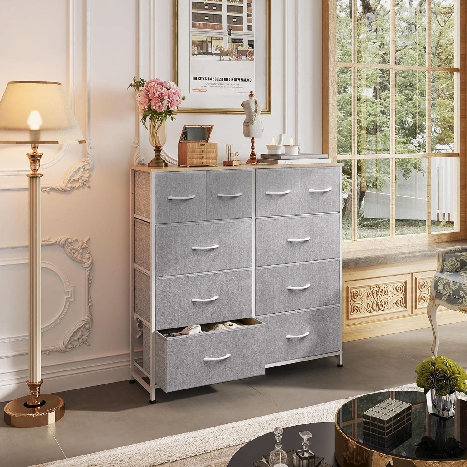 Light Grey Fabric Dresser With 10 Drawers For Bedroom