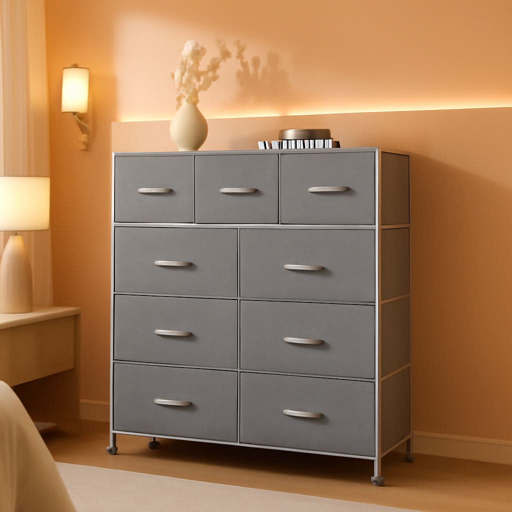 Light Grey Fabric Dresser With 10 Drawers For Bedroom