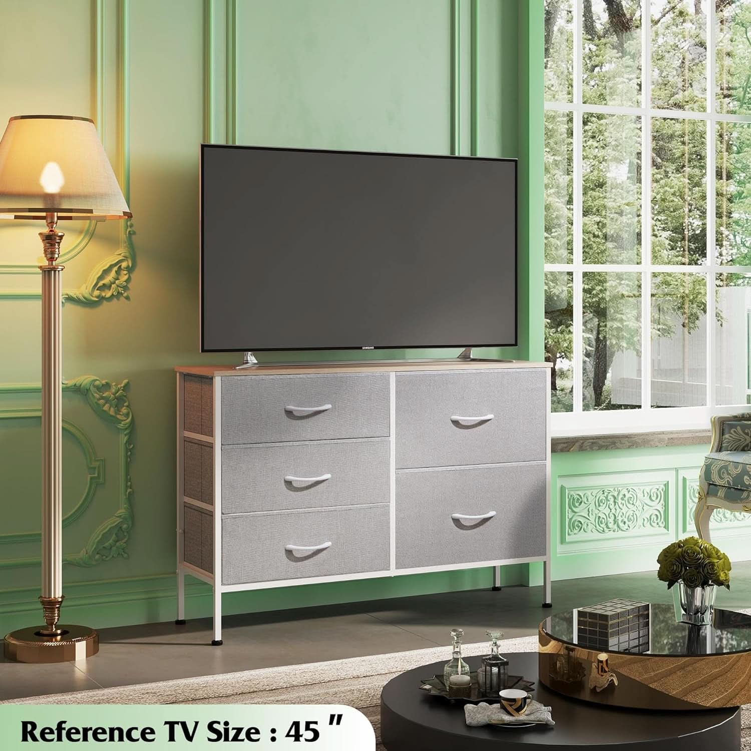 Light Grey Fabric Dresser With 5 Drawers And Drawer Organizers