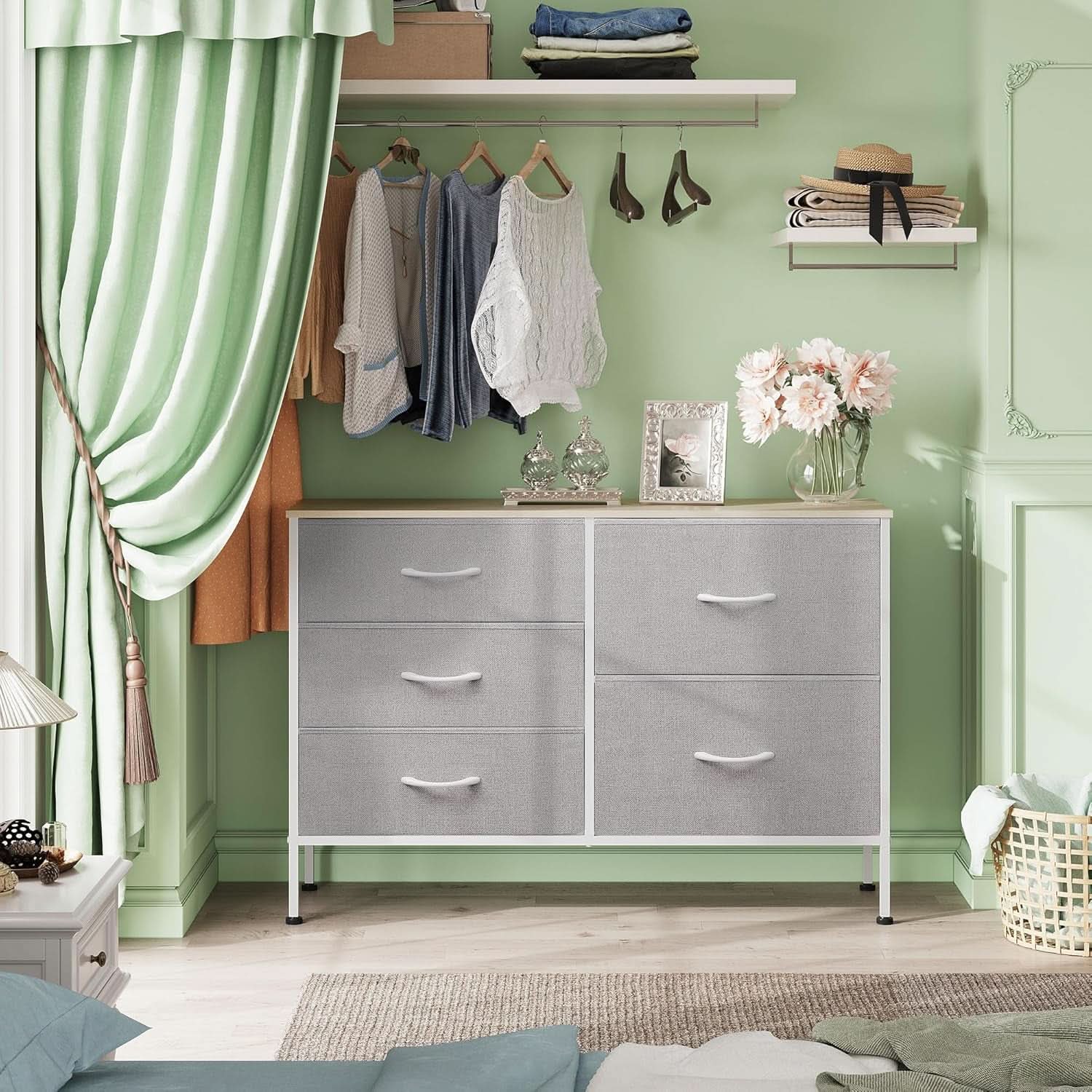 Light Grey Fabric Dresser With 5 Drawers And Drawer Organizers