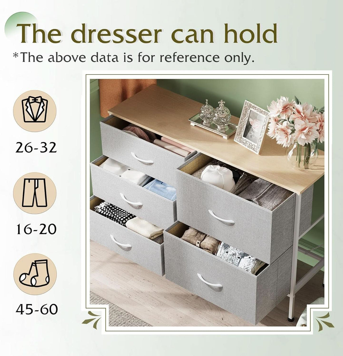 Light Grey Fabric Dresser With 5 Drawers And Drawer Organizers