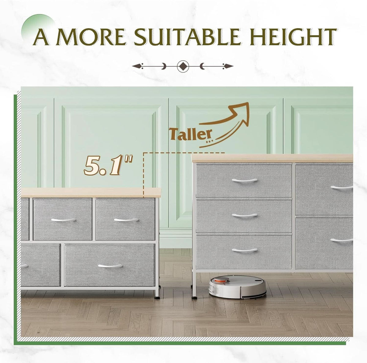 Light Grey Fabric Dresser With 5 Drawers And Drawer Organizers