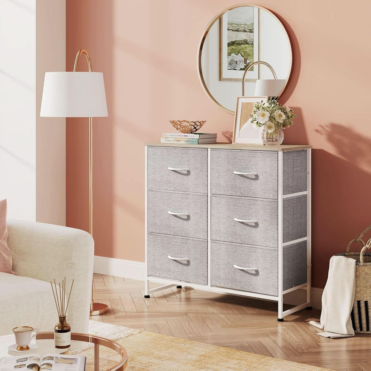 Light Grey Fabric Dresser With 6 Drawers And Fabric Bins