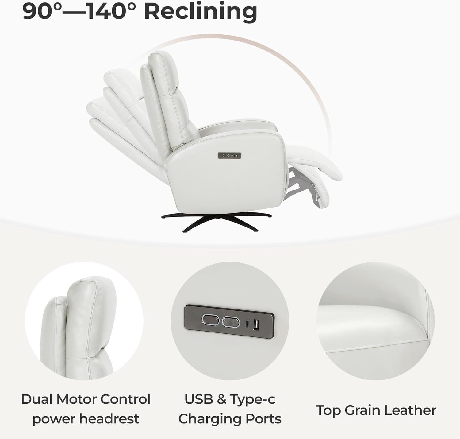 Light Grey Leather Power Swivel Recliner With USB C