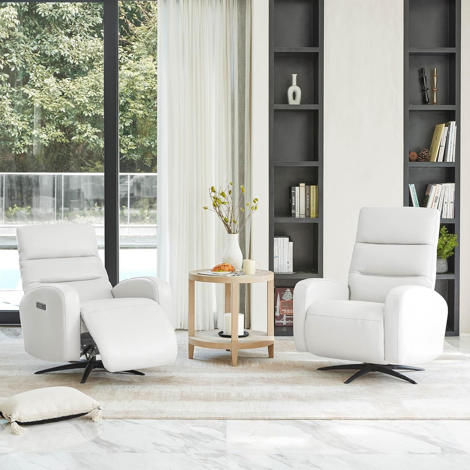 Light Grey Leather Power Swivel Recliner With USB C