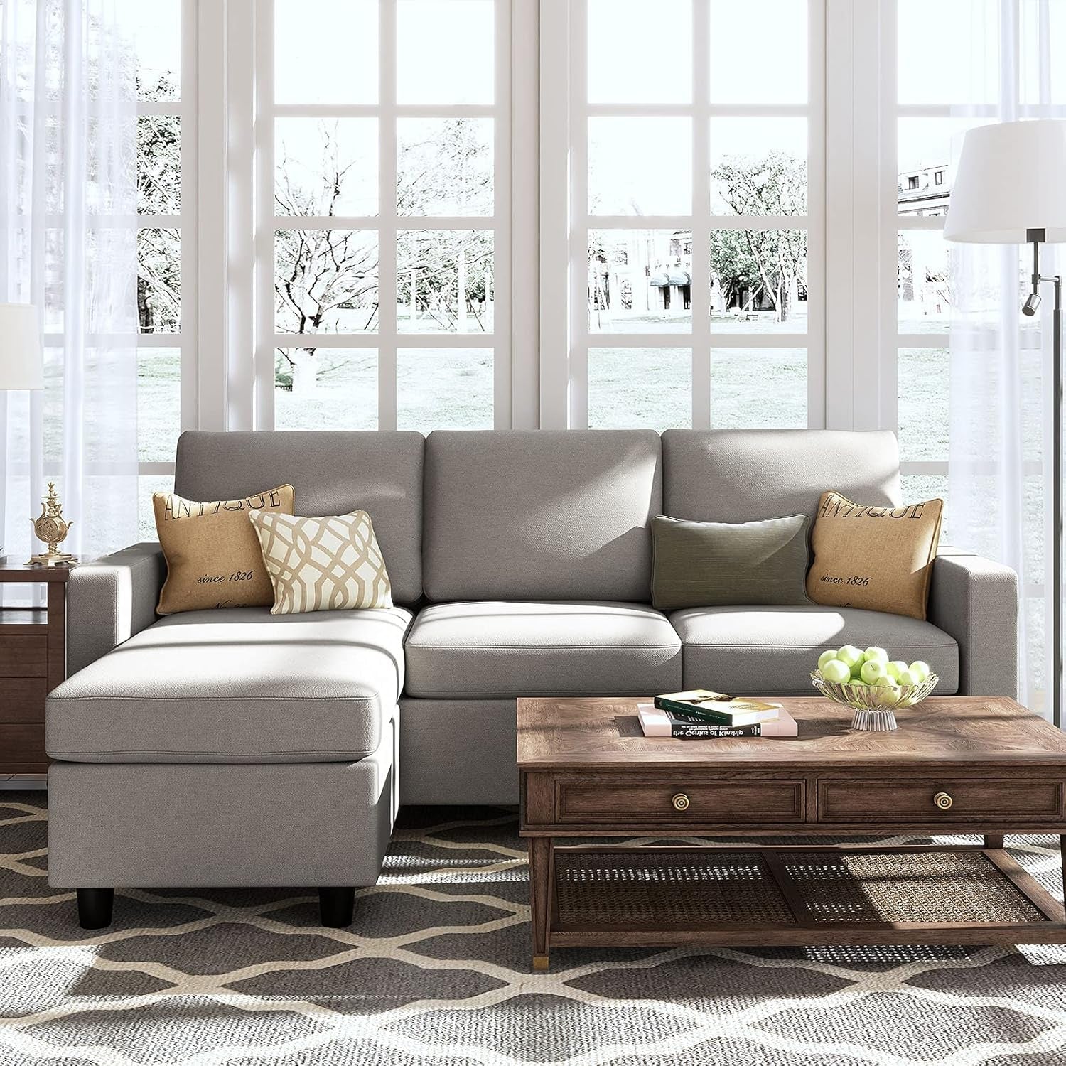 Light Grey Linen Convertible L Shaped Sectional Sofa Chaise