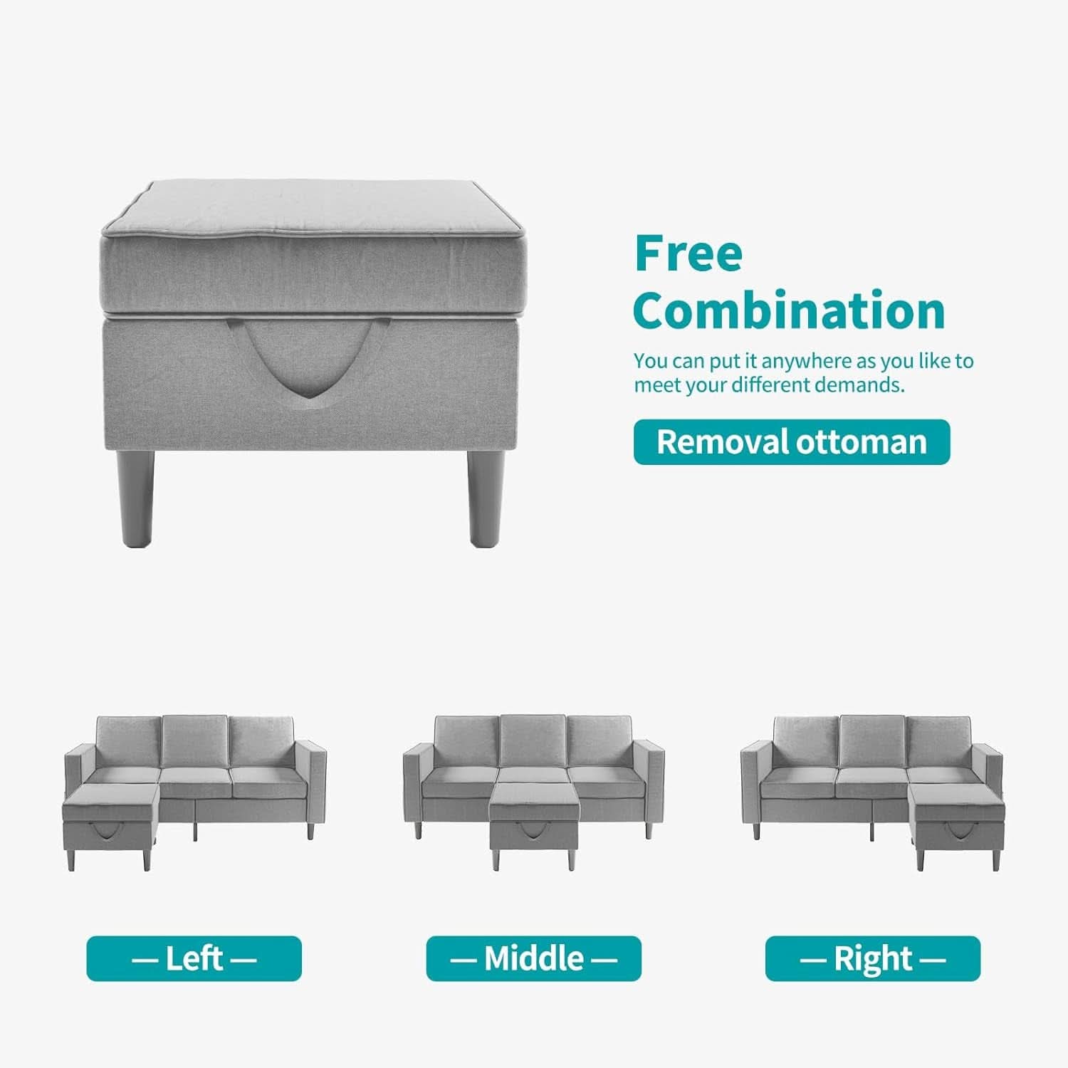 Light Grey Living Room Sofa Set With Movable Ottoman