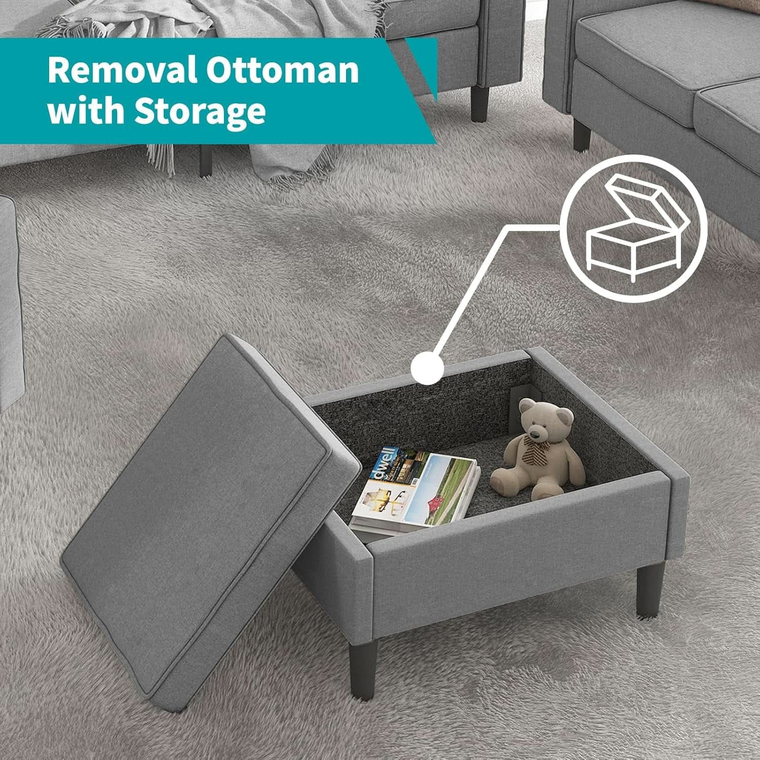 Light Grey Living Room Sofa Set With Movable Ottoman