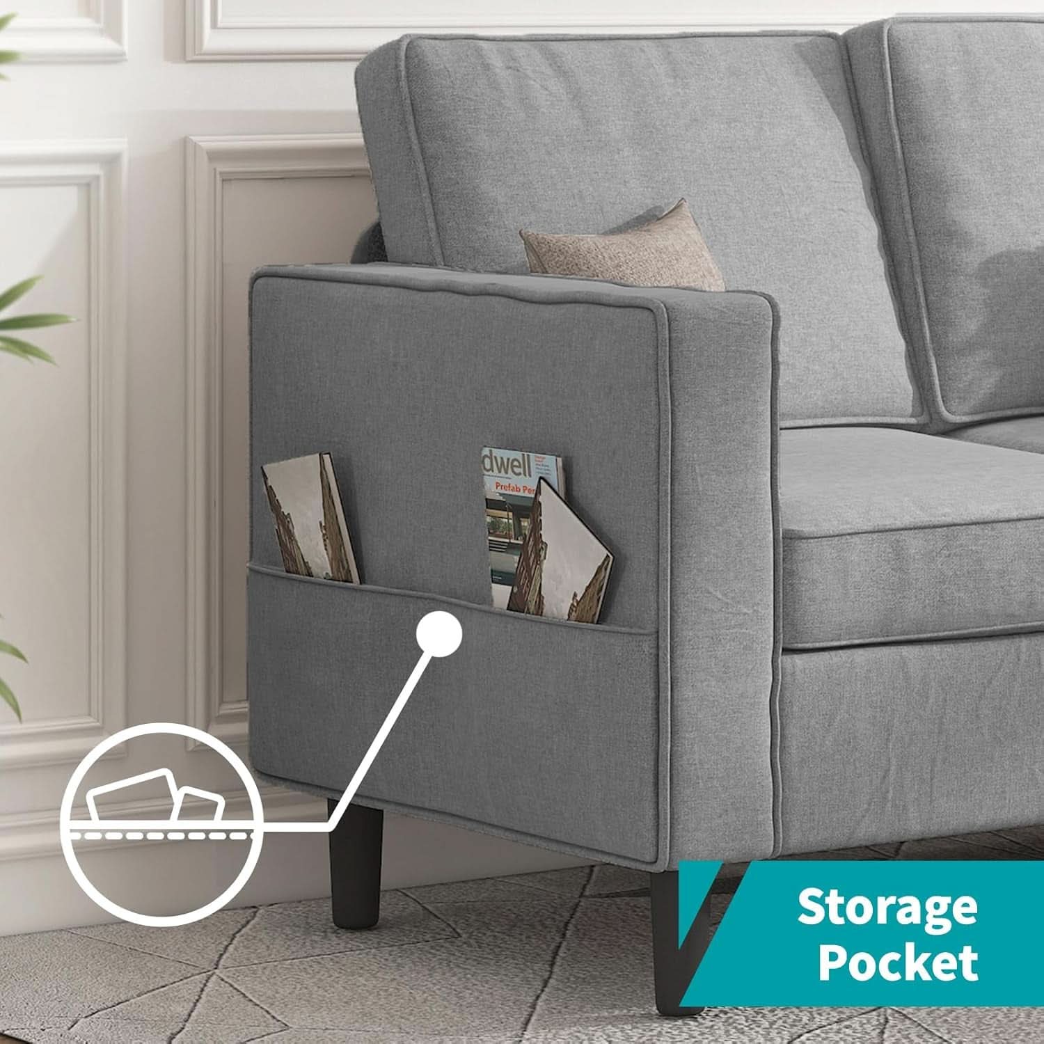 Light Grey Living Room Sofa Set With Movable Ottoman