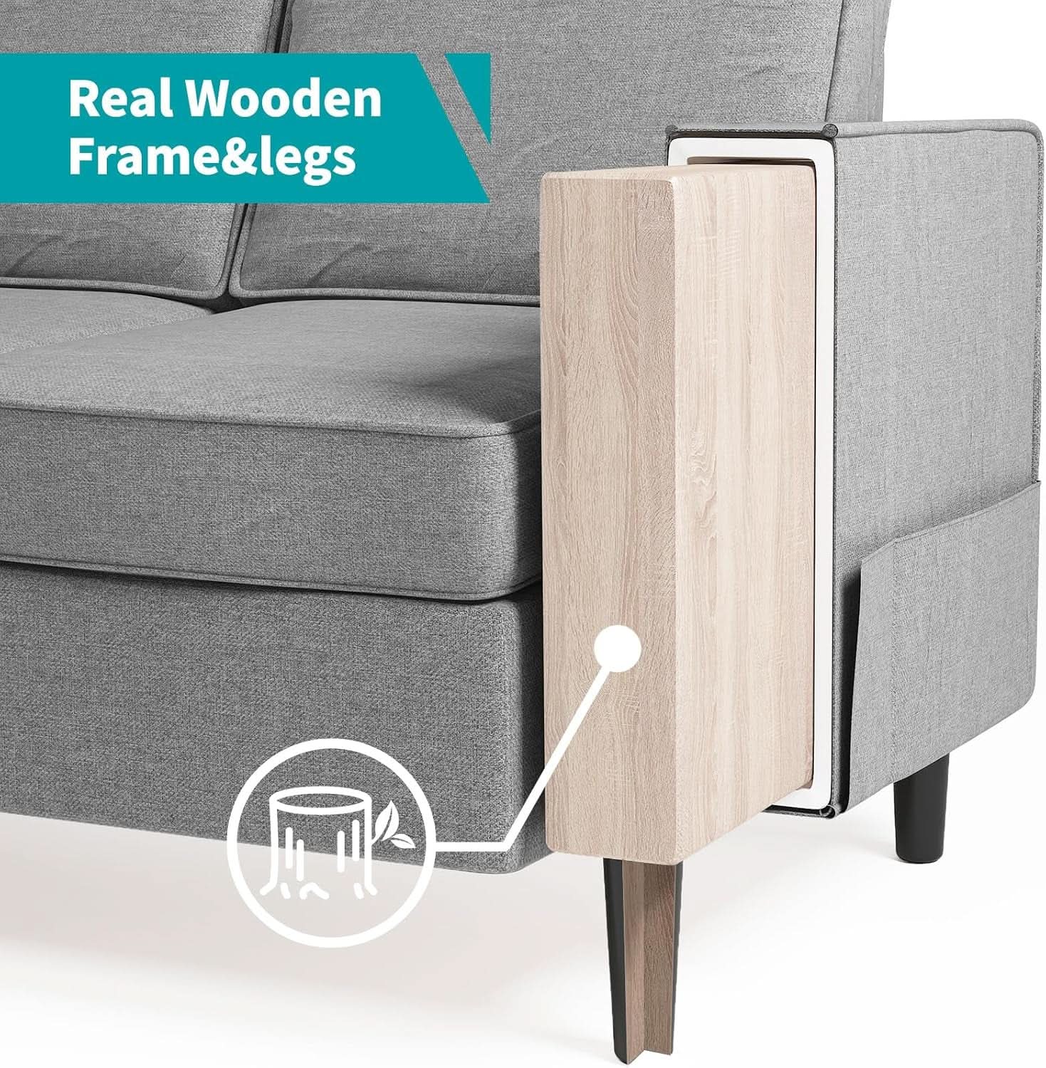 Light Grey Living Room Sofa Set With Movable Ottoman