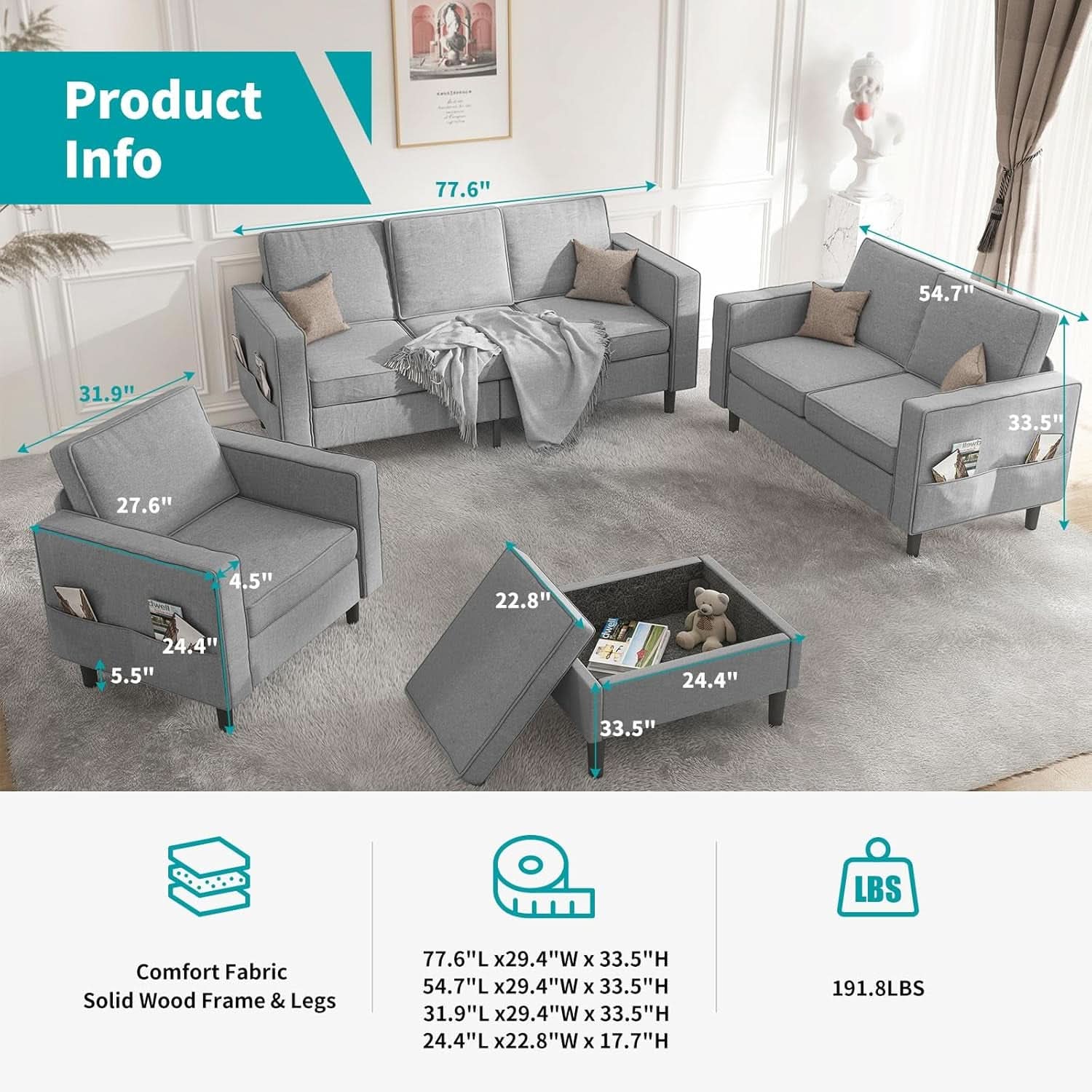 Light Grey Living Room Sofa Set With Movable Ottoman