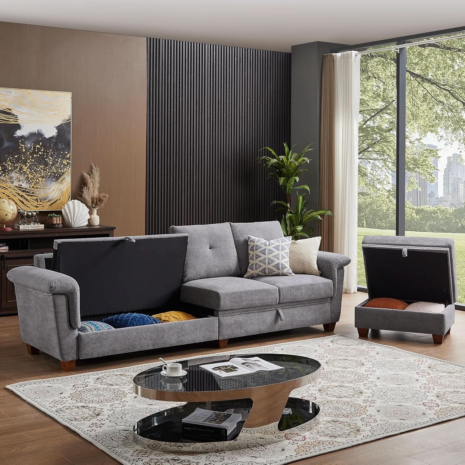 Light Grey Microfiber Sectional Sofa With Storage Ottoman