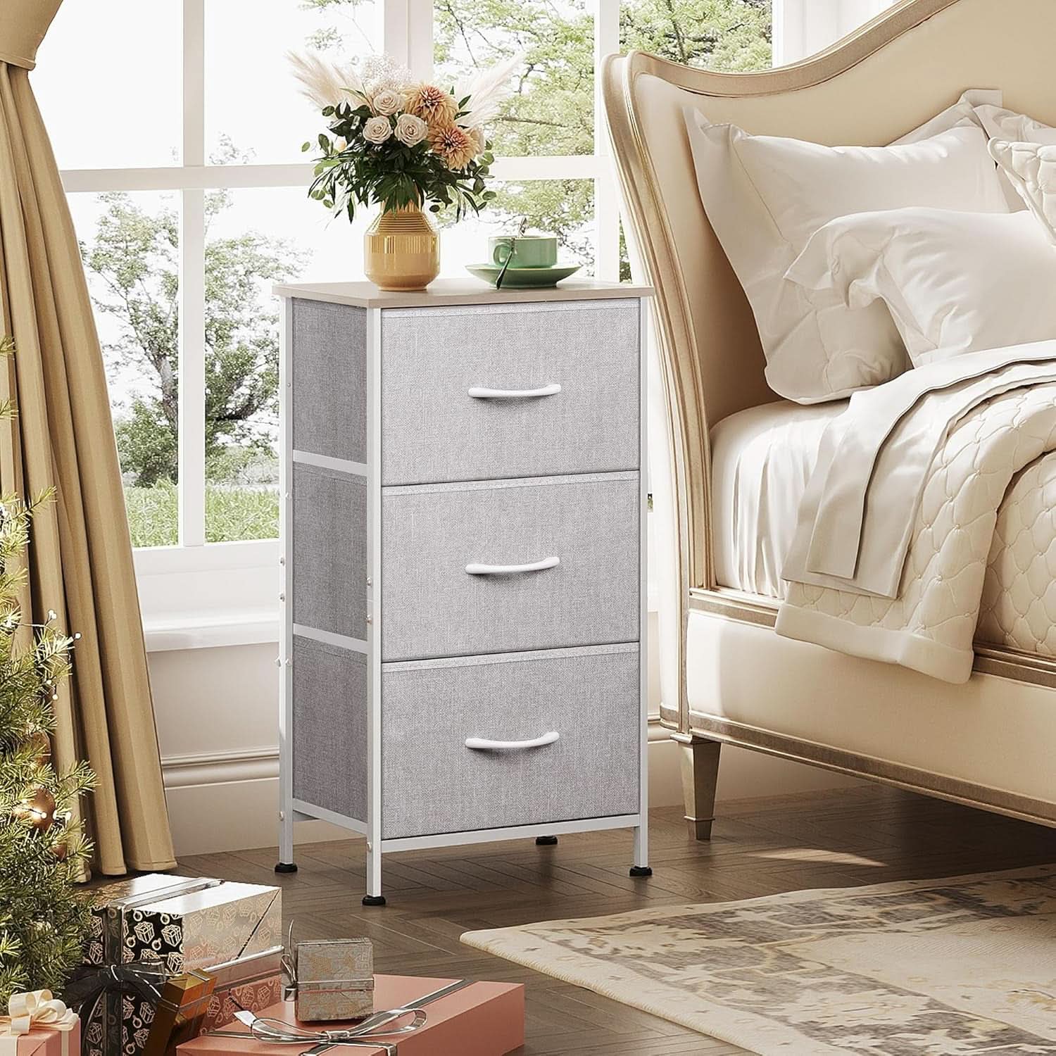 Light Grey Nightstand With 3 Drawers For Bedroom Hallway