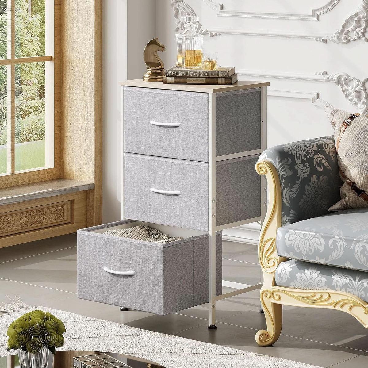 Light Grey Nightstand With 3 Drawers For Bedroom Hallway