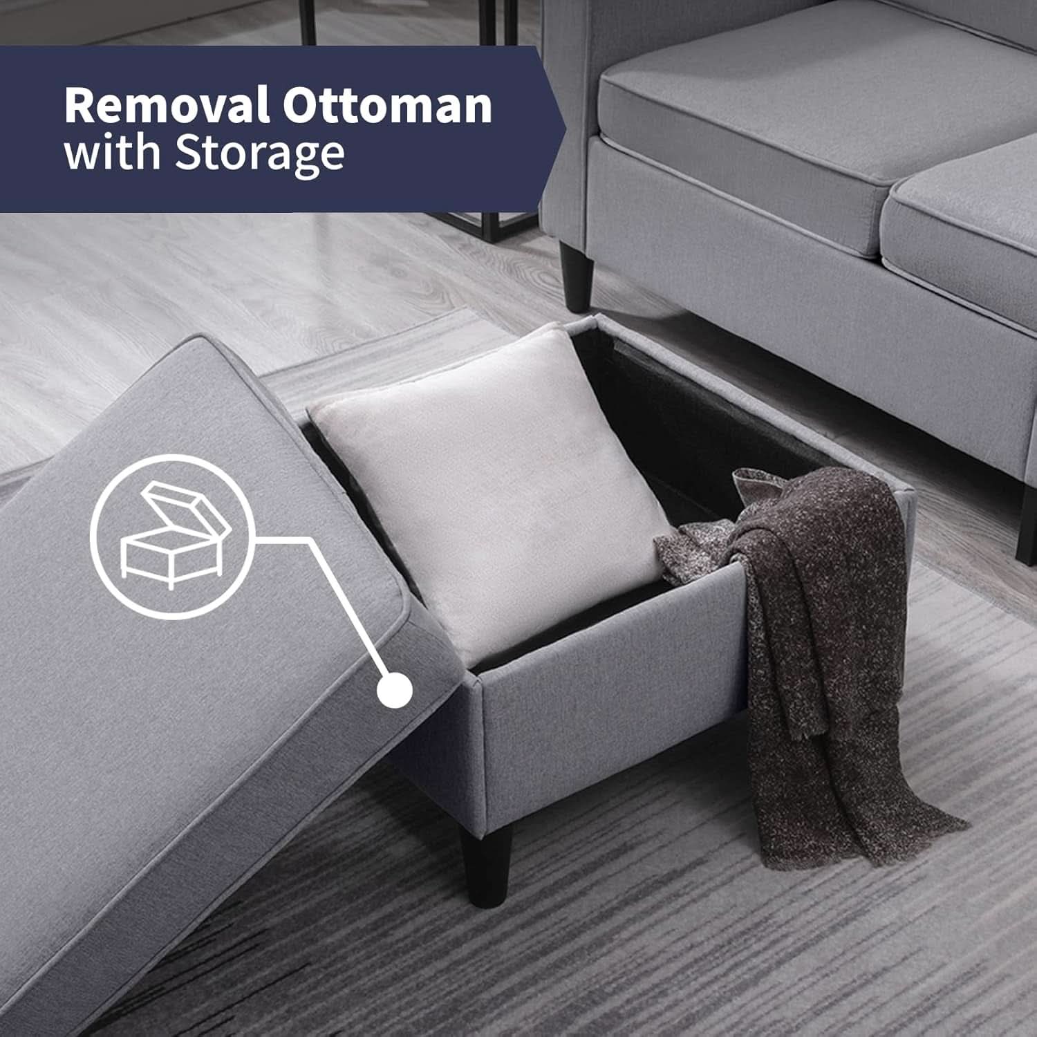 Light Grey Sectional Sofa Set With Storage Ottoman