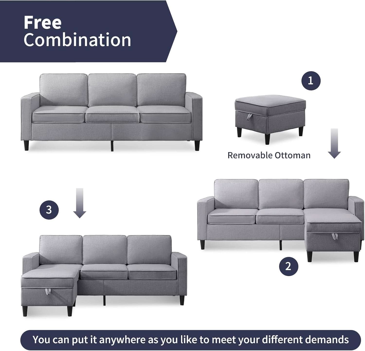 Light Grey Sectional Sofa Set With Storage Ottoman