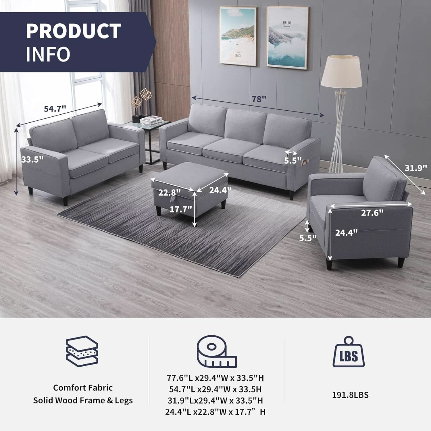 Light Grey Sectional Sofa Set With Storage Ottoman