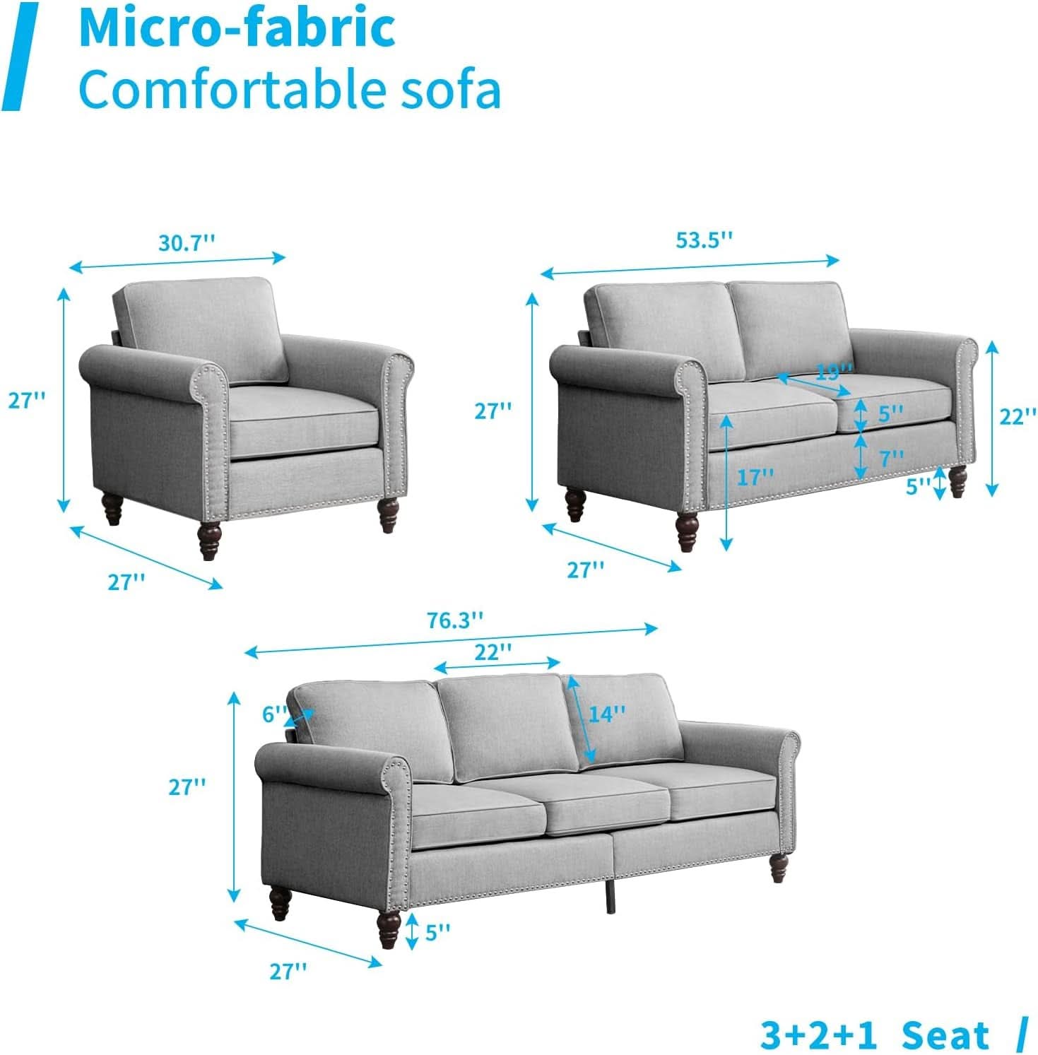 Light Grey Small Space Living Room Couch Set With Loveseat