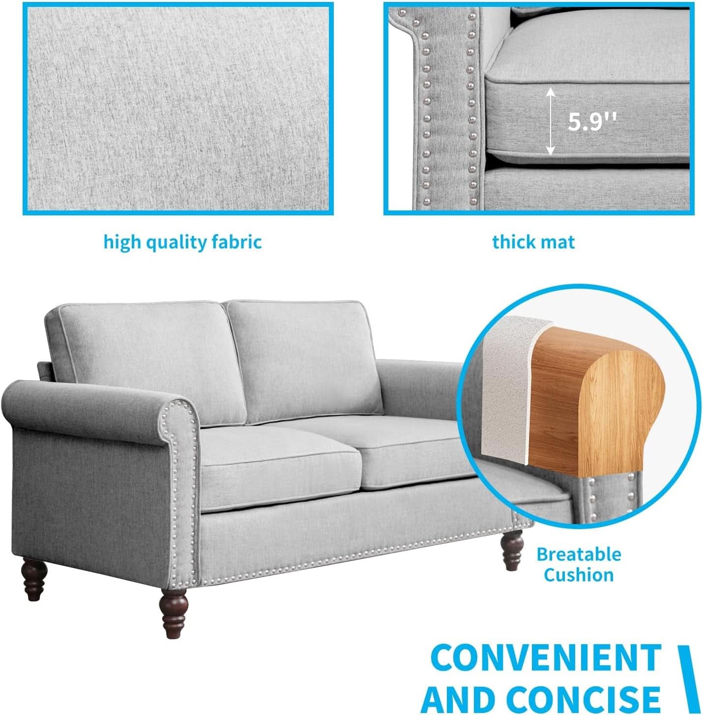 Light Grey Small Space Living Room Couch Set With Loveseat