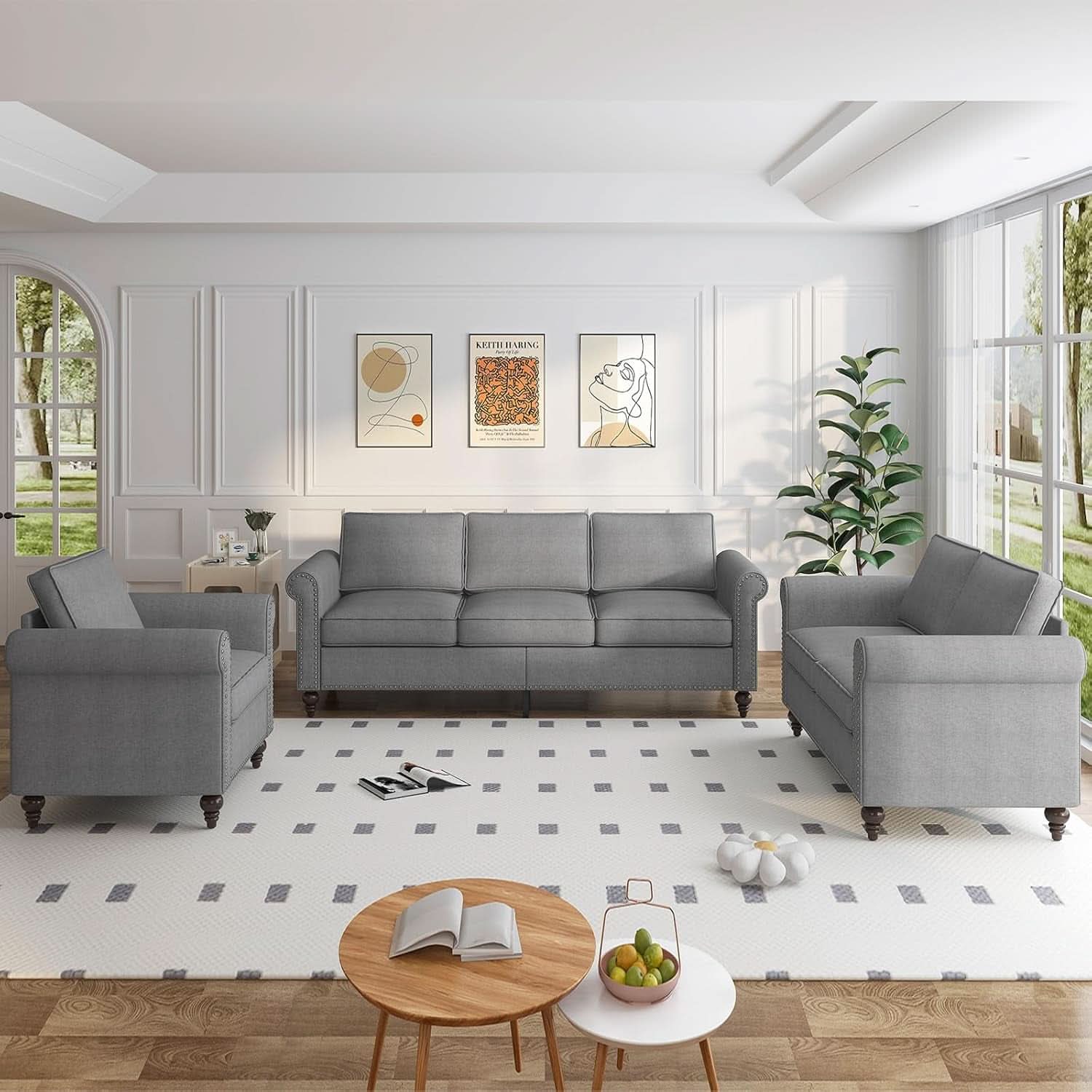Light Grey Small Space Living Room Couch Set With Loveseat