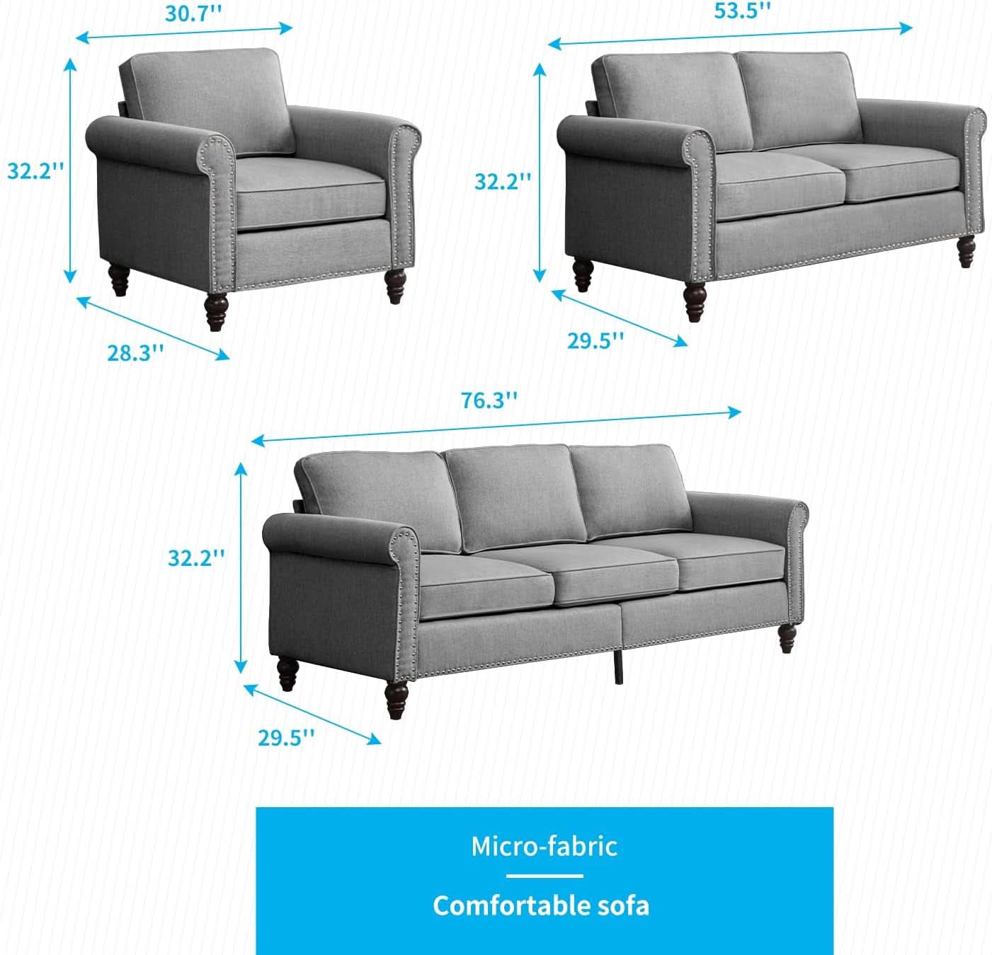 Light Grey Small Space Living Room Couch Set With Loveseat