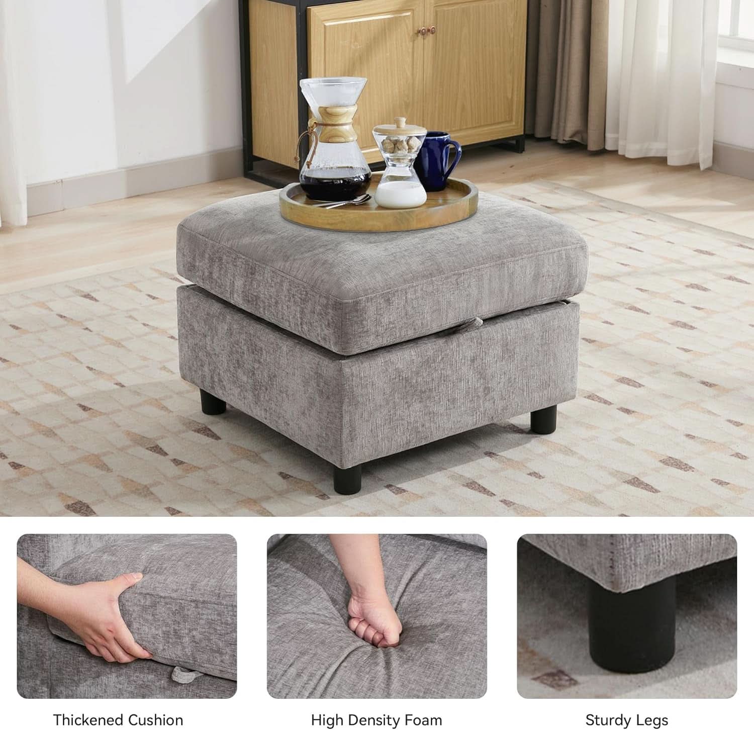 Light Grey Square Storage Ottoman for Versatile Living Spaces