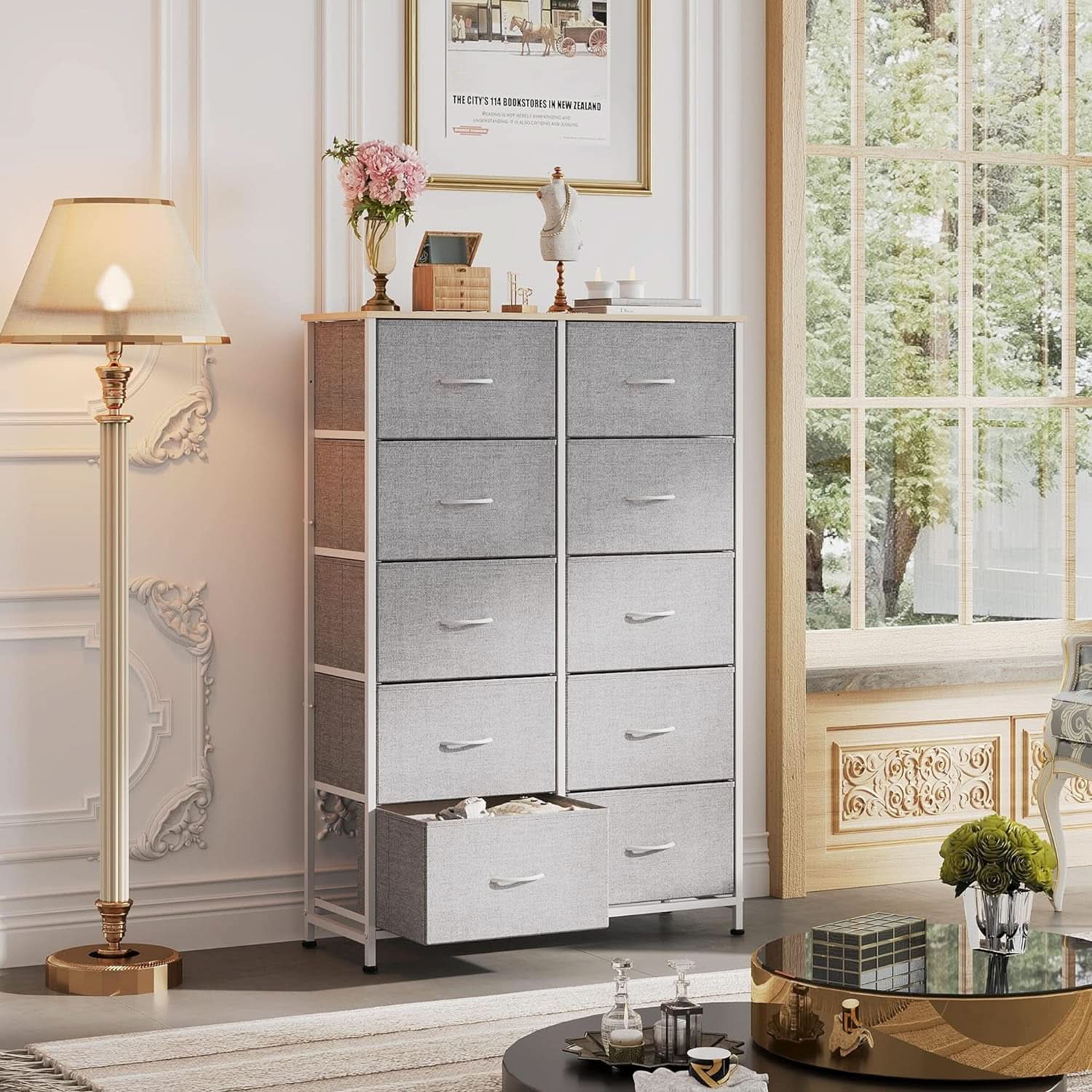 Light Grey Tall Dresser With 10 Drawers For Bedroom Storage