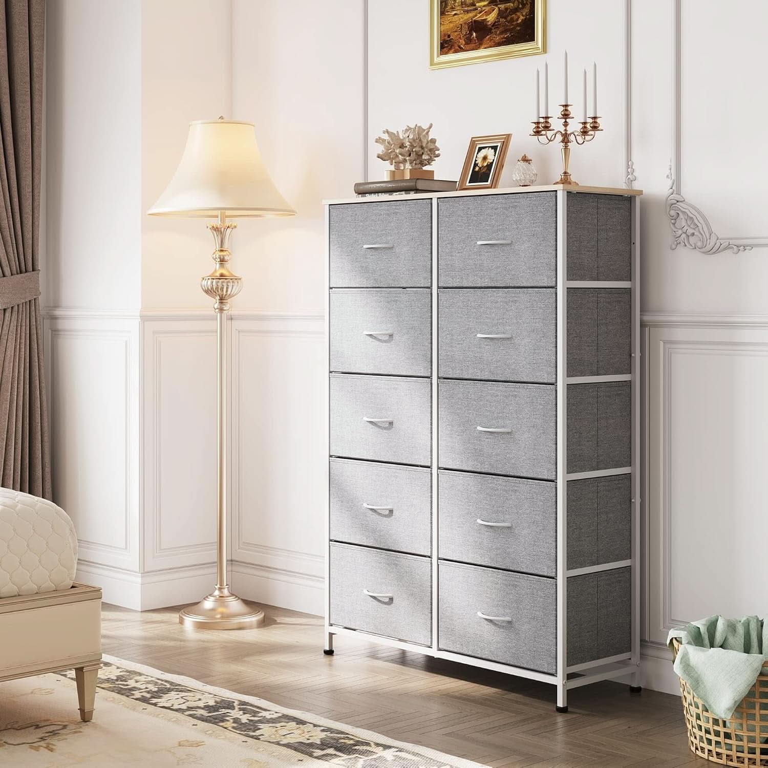 Light Grey Tall Dresser With 10 Drawers For Bedroom Storage