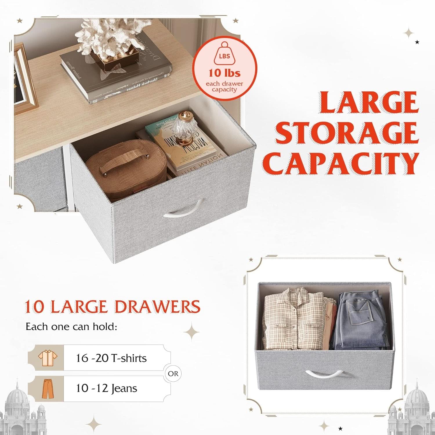 Light Grey Tall Dresser With 10 Drawers For Bedroom Storage