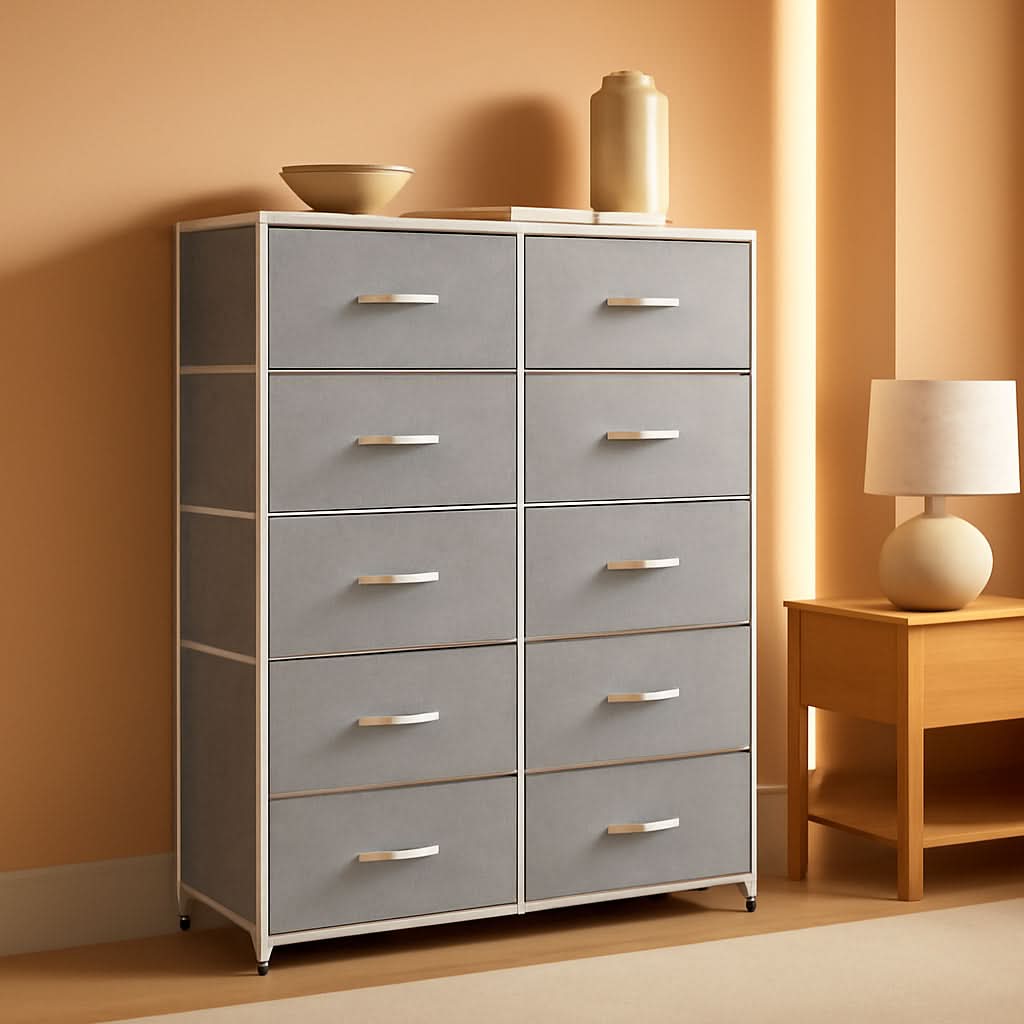Light Grey Tall Dresser With 10 Drawers For Bedroom Storage