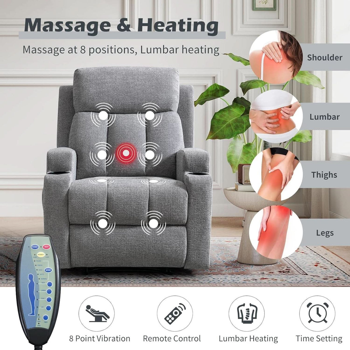 Light Grey Upholstered Manual Recliner With Massage