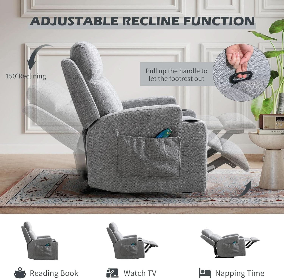 Light Grey Upholstered Manual Recliner With Massage