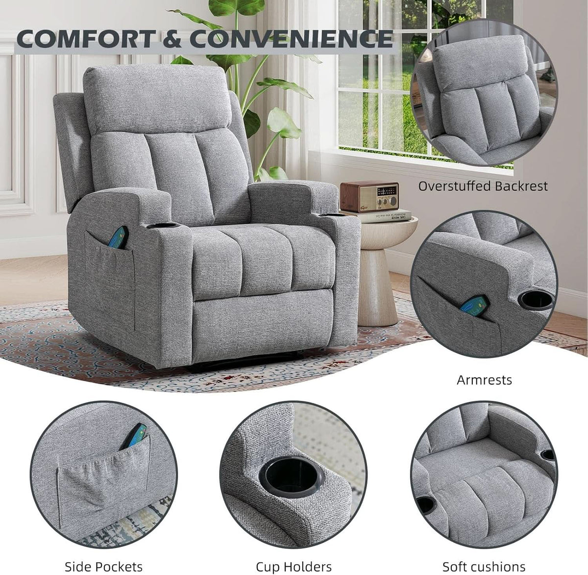 Light Grey Upholstered Manual Recliner With Massage
