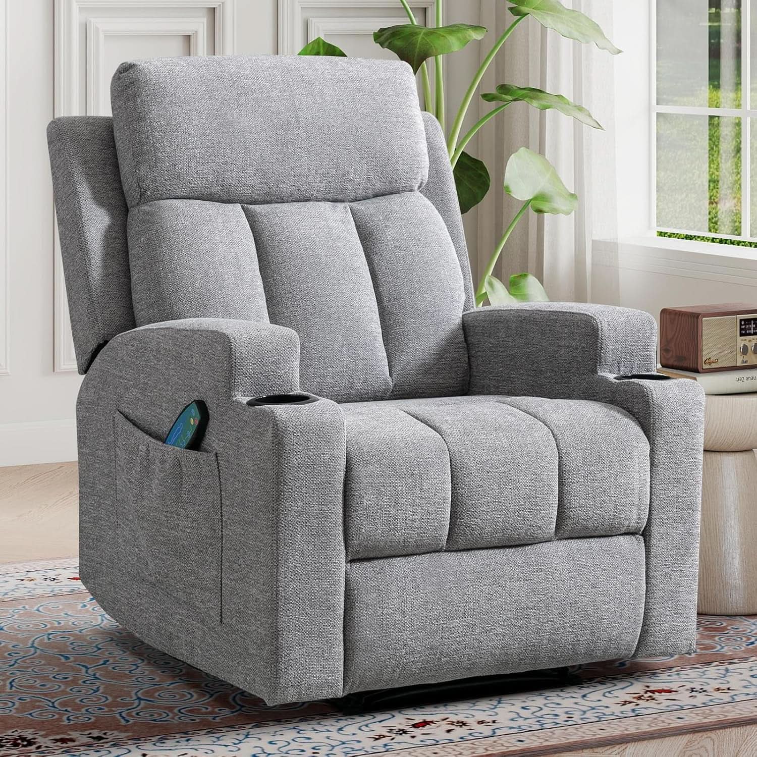Light Grey Upholstered Manual Recliner With Massage