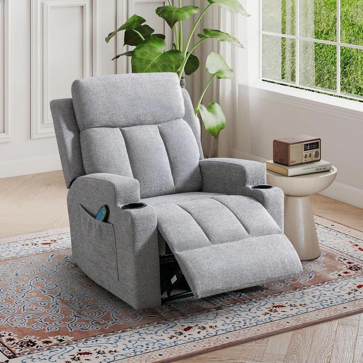 Light Grey Upholstered Manual Recliner With Massage