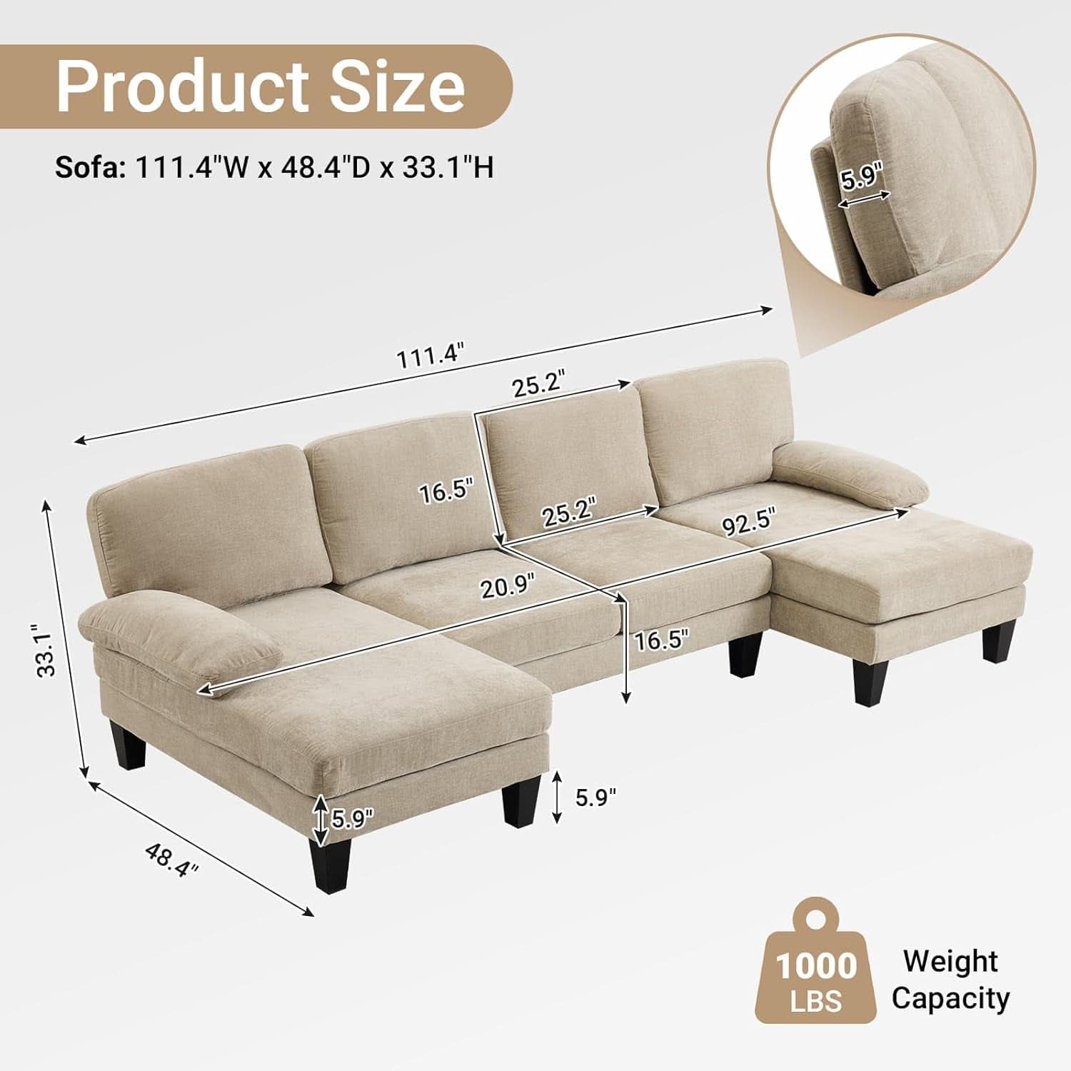 Light Khaki 110 Inch U Shape Sectional Sofa Double Chaise