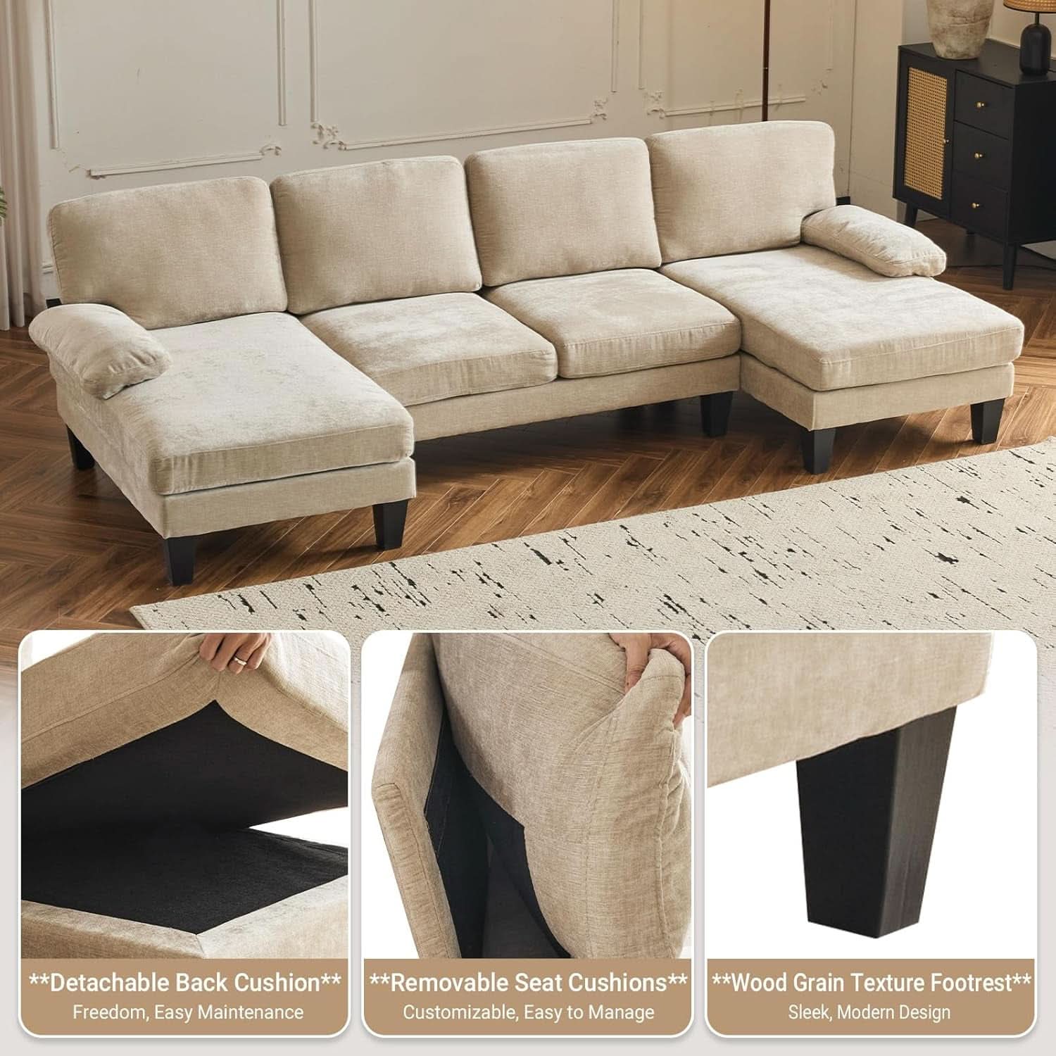 Light Khaki 110 Inch U Shape Sectional Sofa Double Chaise