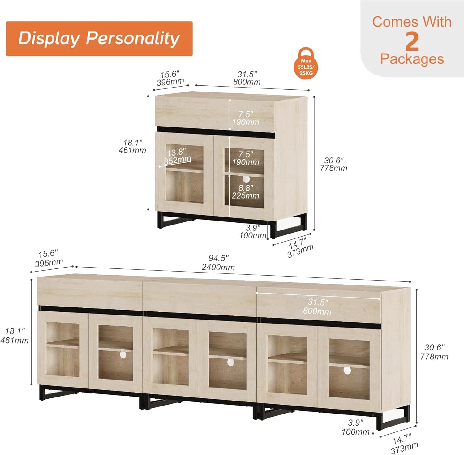 Light Oak Glass Doors Sideboard With Drawers For Dining