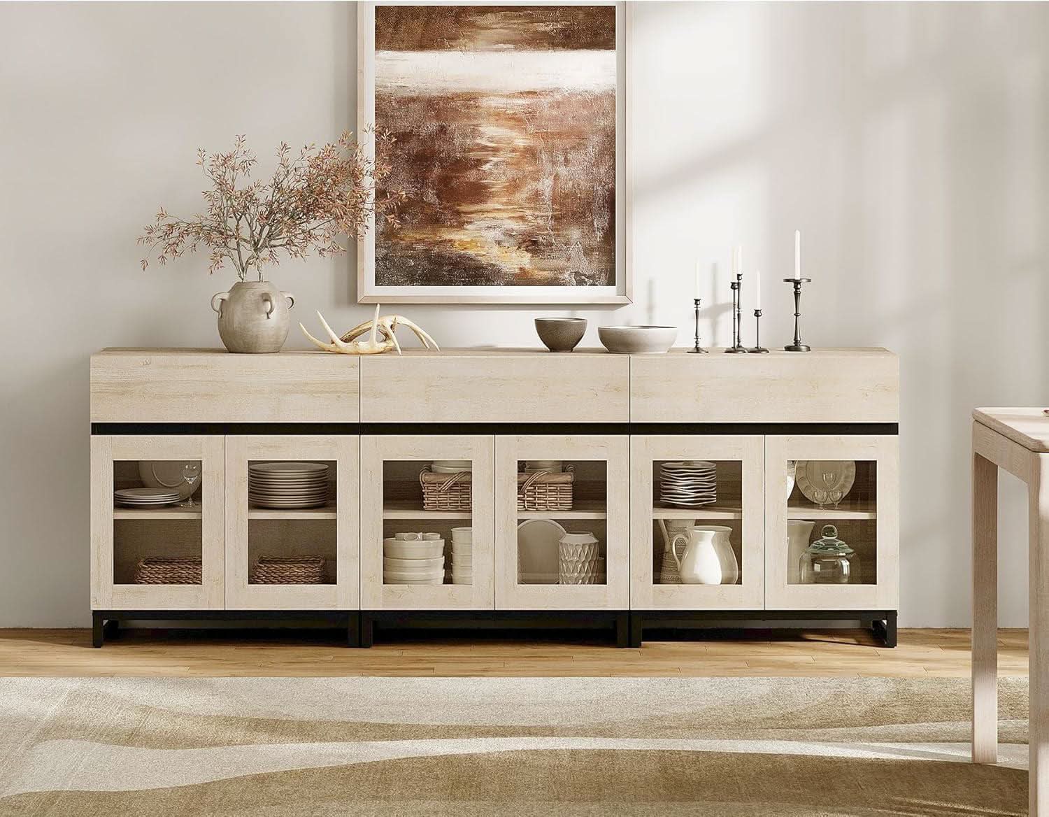 Light Oak Glass Doors Sideboard With Drawers For Dining