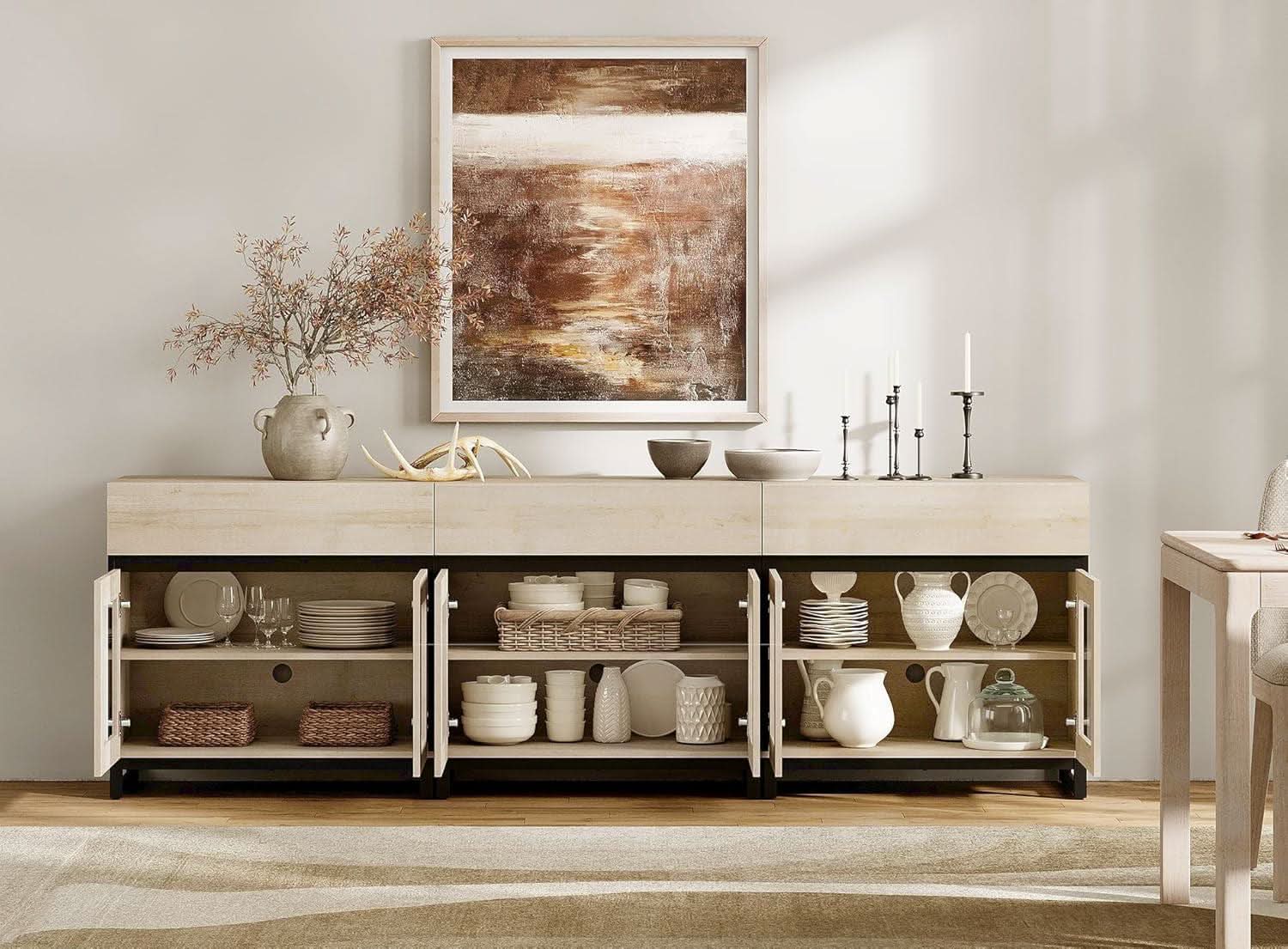 Light Oak Glass Doors Sideboard With Drawers For Dining