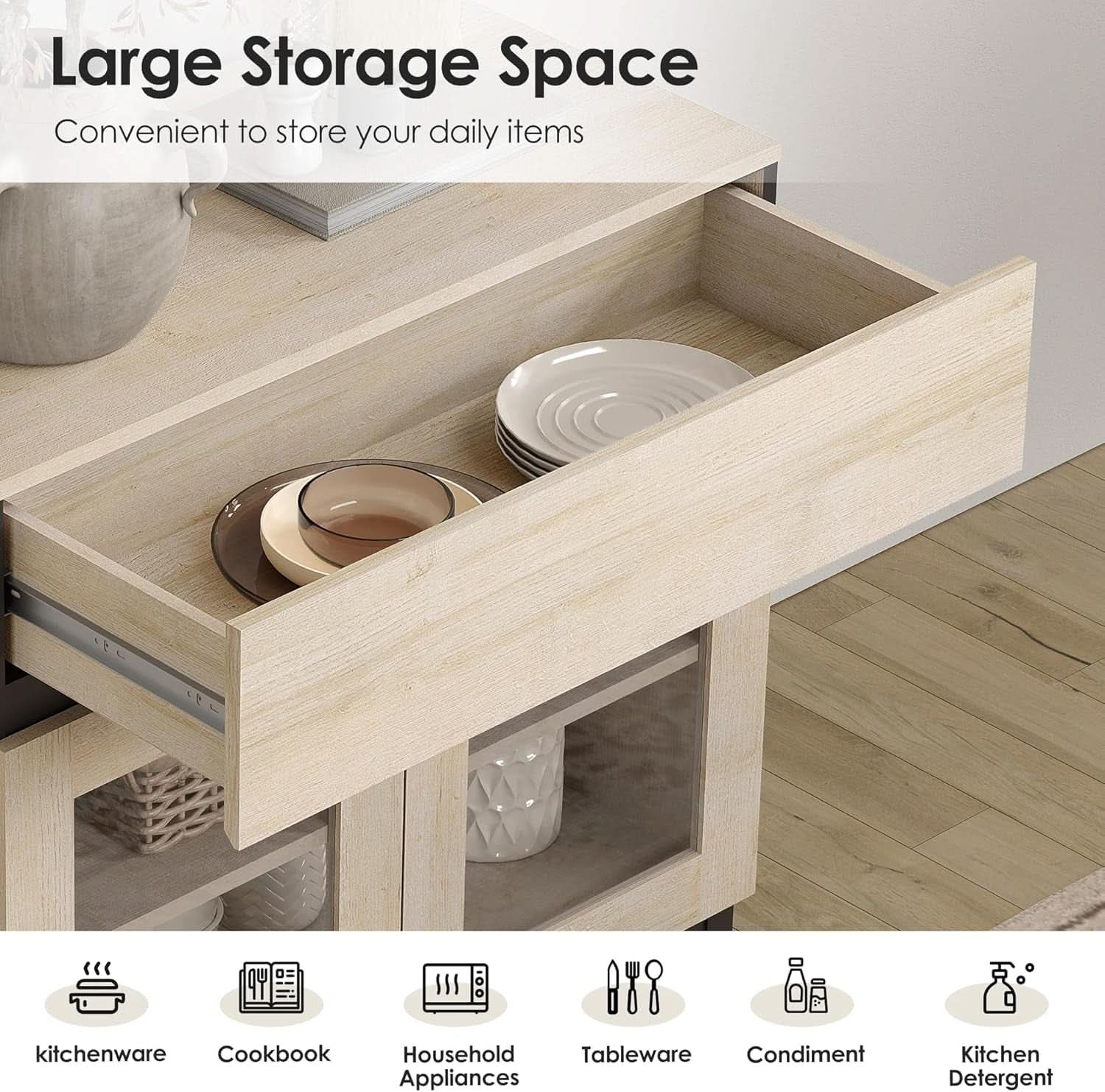 Light Oak Glass Doors Sideboard With Drawers For Dining
