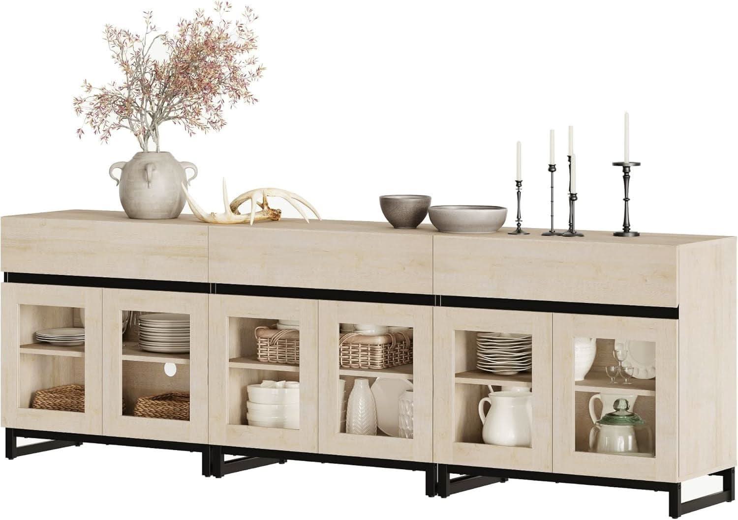 Light Oak Glass Doors Sideboard With Drawers For Dining