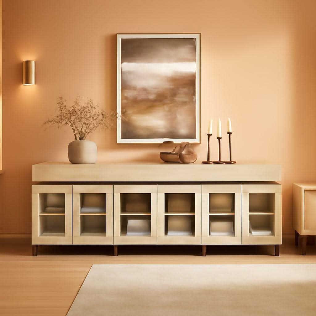 Light Oak Glass Doors Sideboard With Drawers For Dining