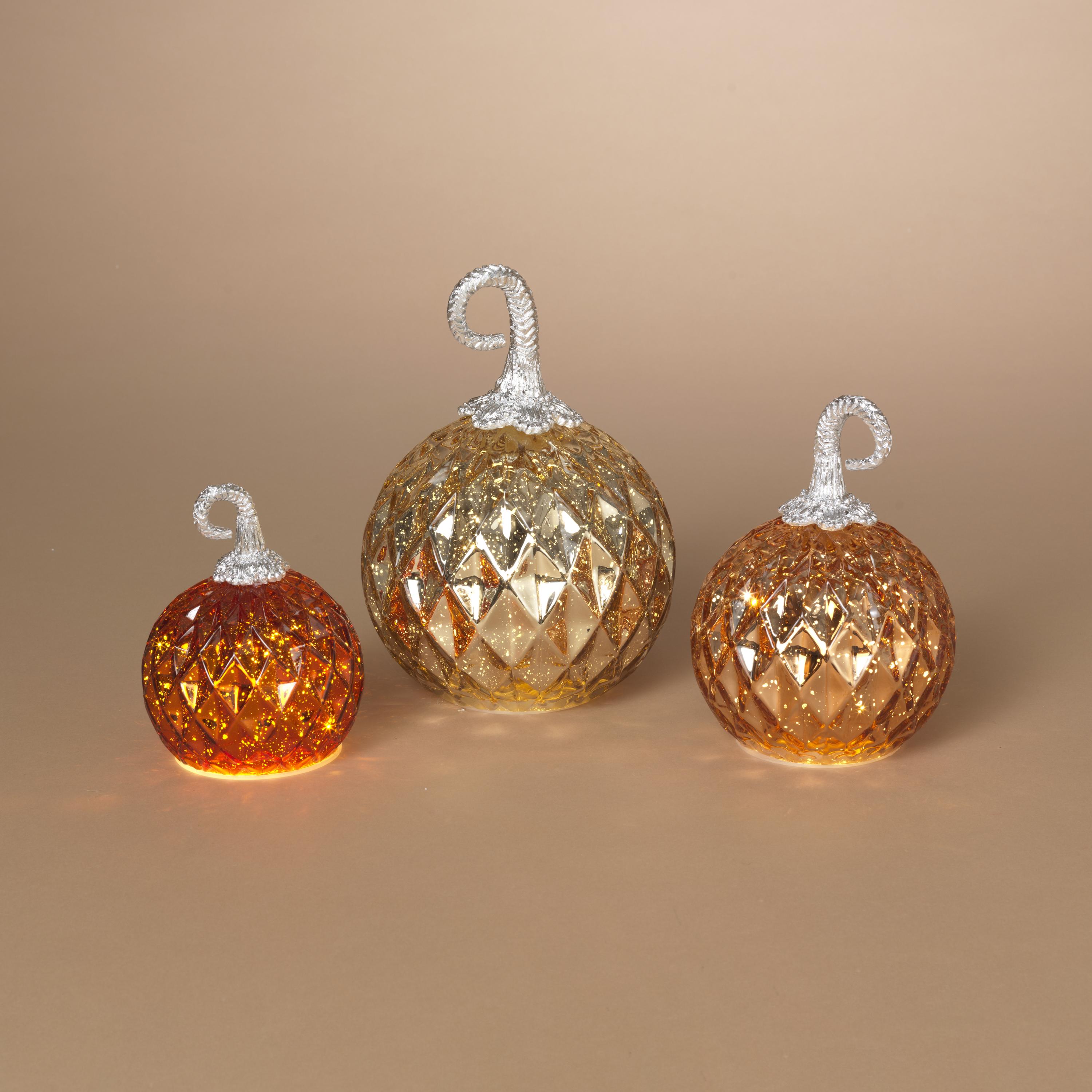 Lighted Handblown Mercury Glass Pumpkins - 3 Piece Set