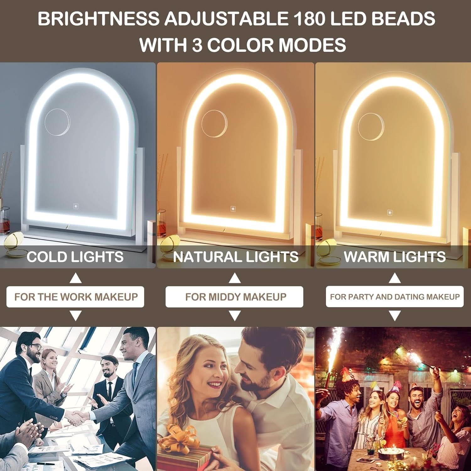 Lighted Makeup Mirror With LED Three Color Lighting Modes