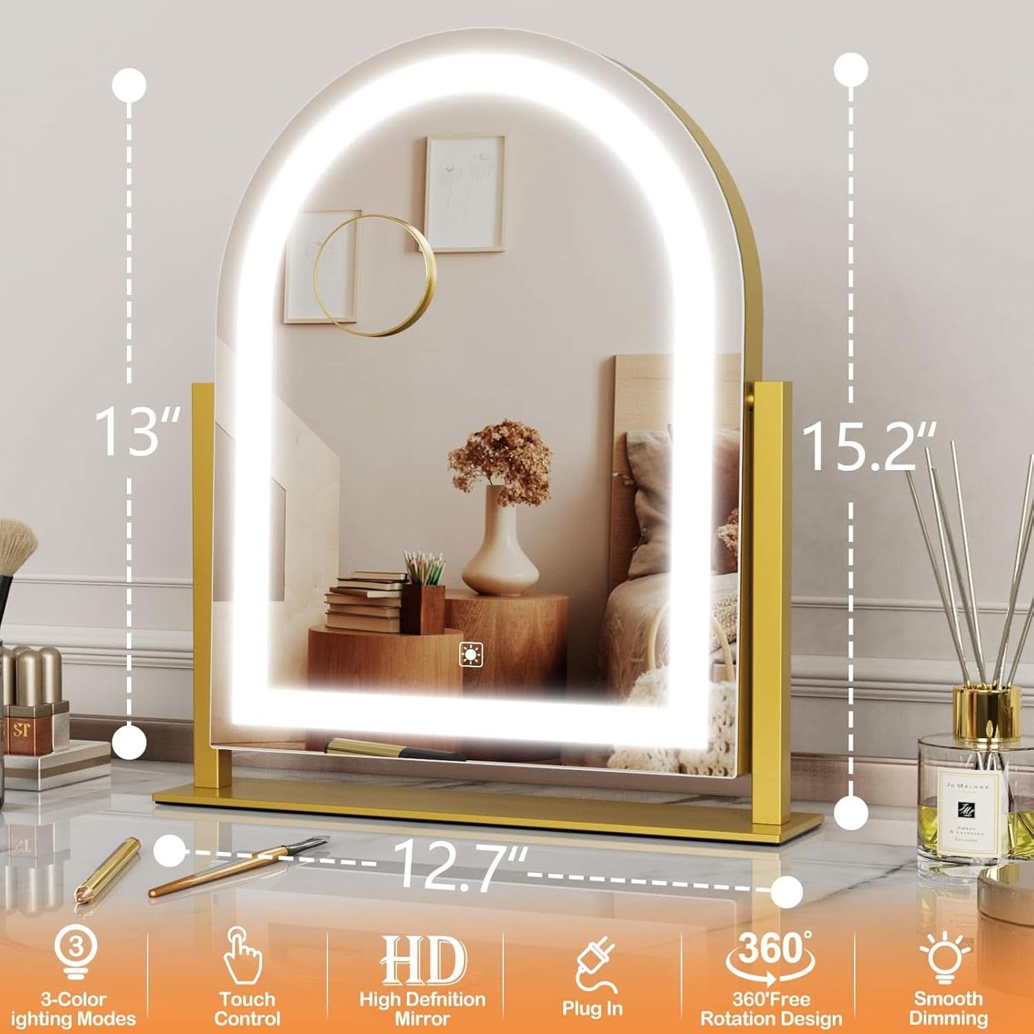 Lighted Makeup Mirror With LED Three Color Lighting Modes