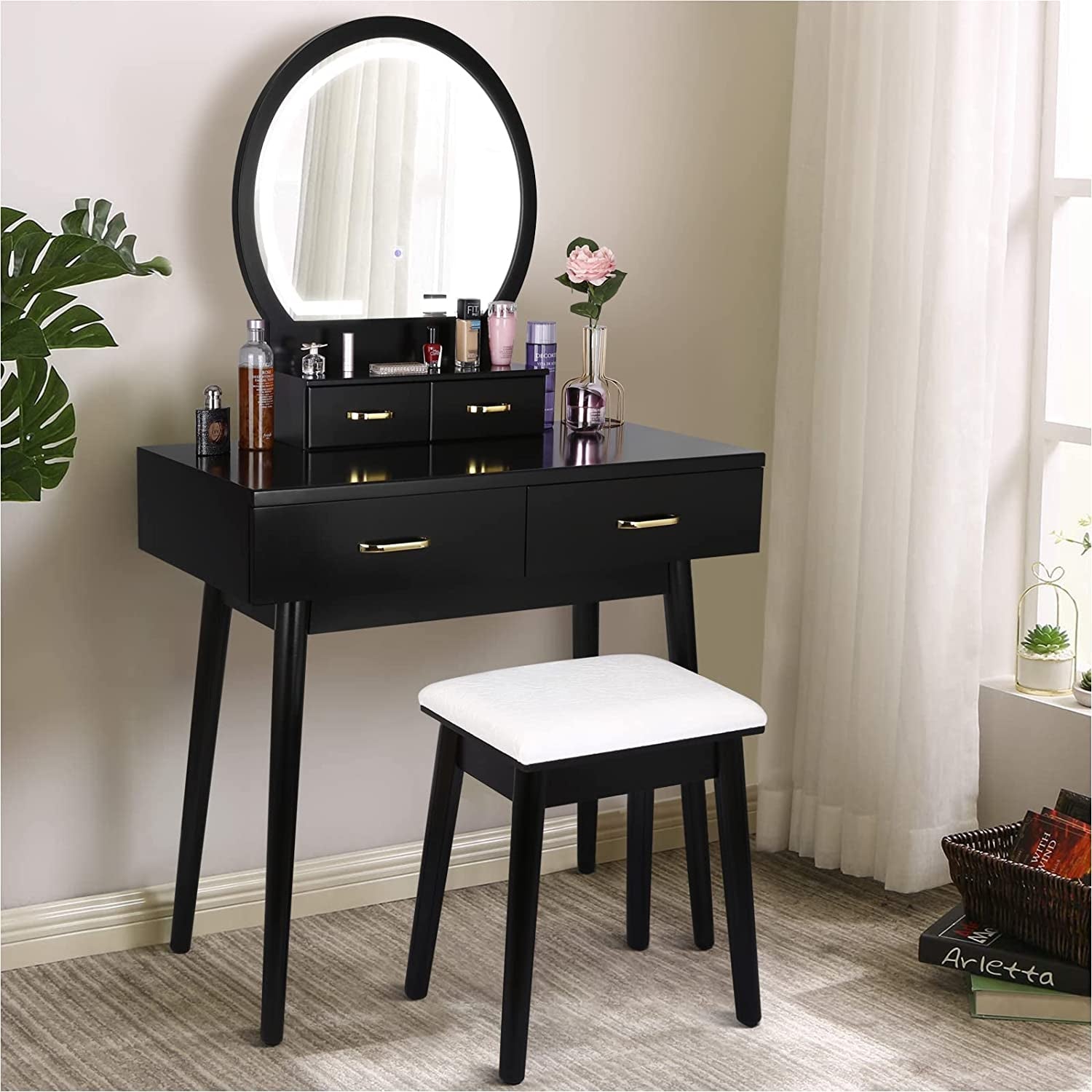 Lighted Makeup Vanity Desk With Cushioned Stool 3 Lighting Modes