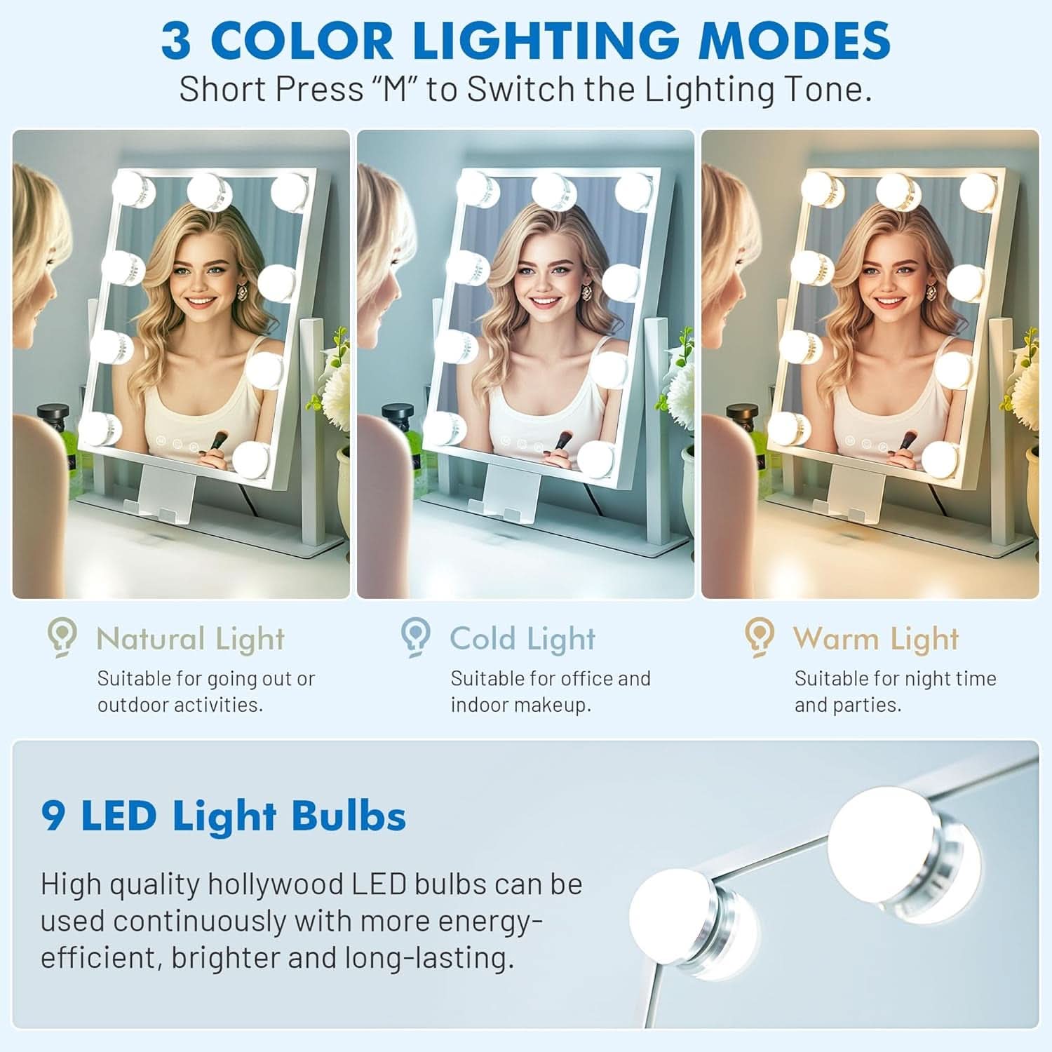 Lighted Makeup Vanity Mirror 14 Inch With 3 Color Modes