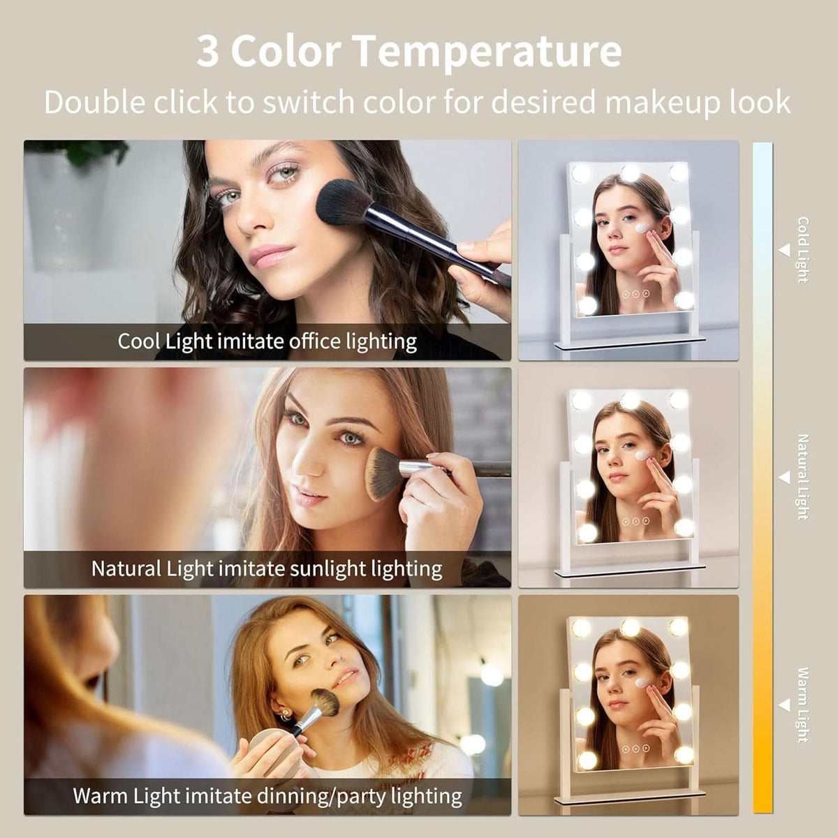 Lighted Makeup Vanity Mirror With 3 Color Modes And 10X Magnification White